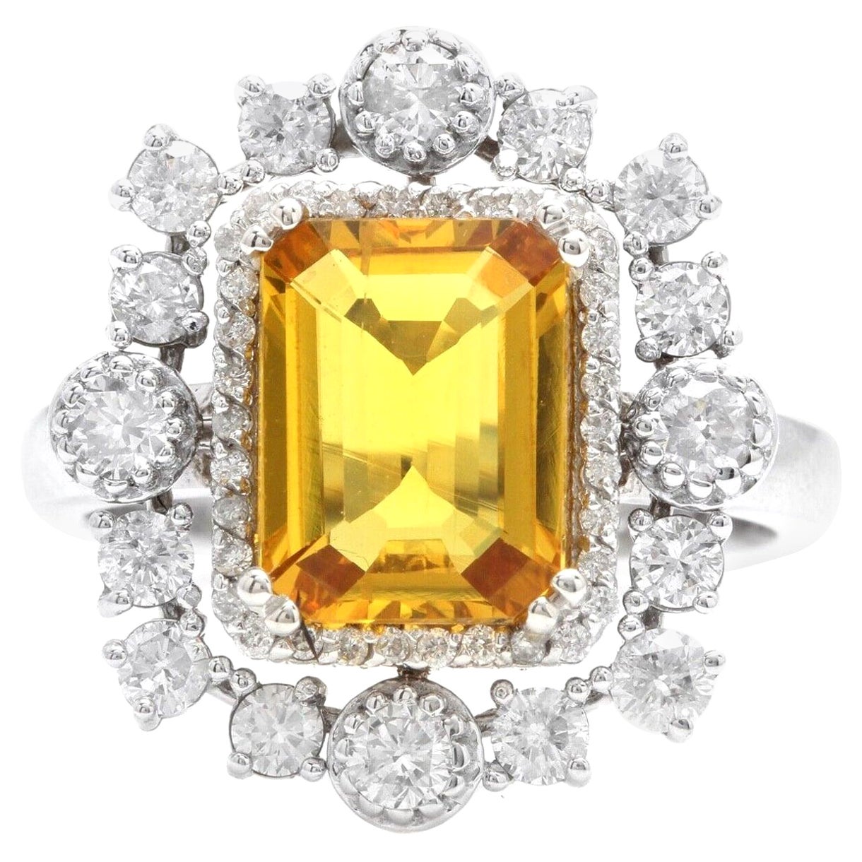 4.10 Ct Exquisite Natural Yellow Sapphire and Diamond 14K Solid White Gold Ring For Sale