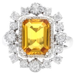 Bague en or blanc massif 14 carats avec saphir jaune naturel de 4,10 carats et diamants