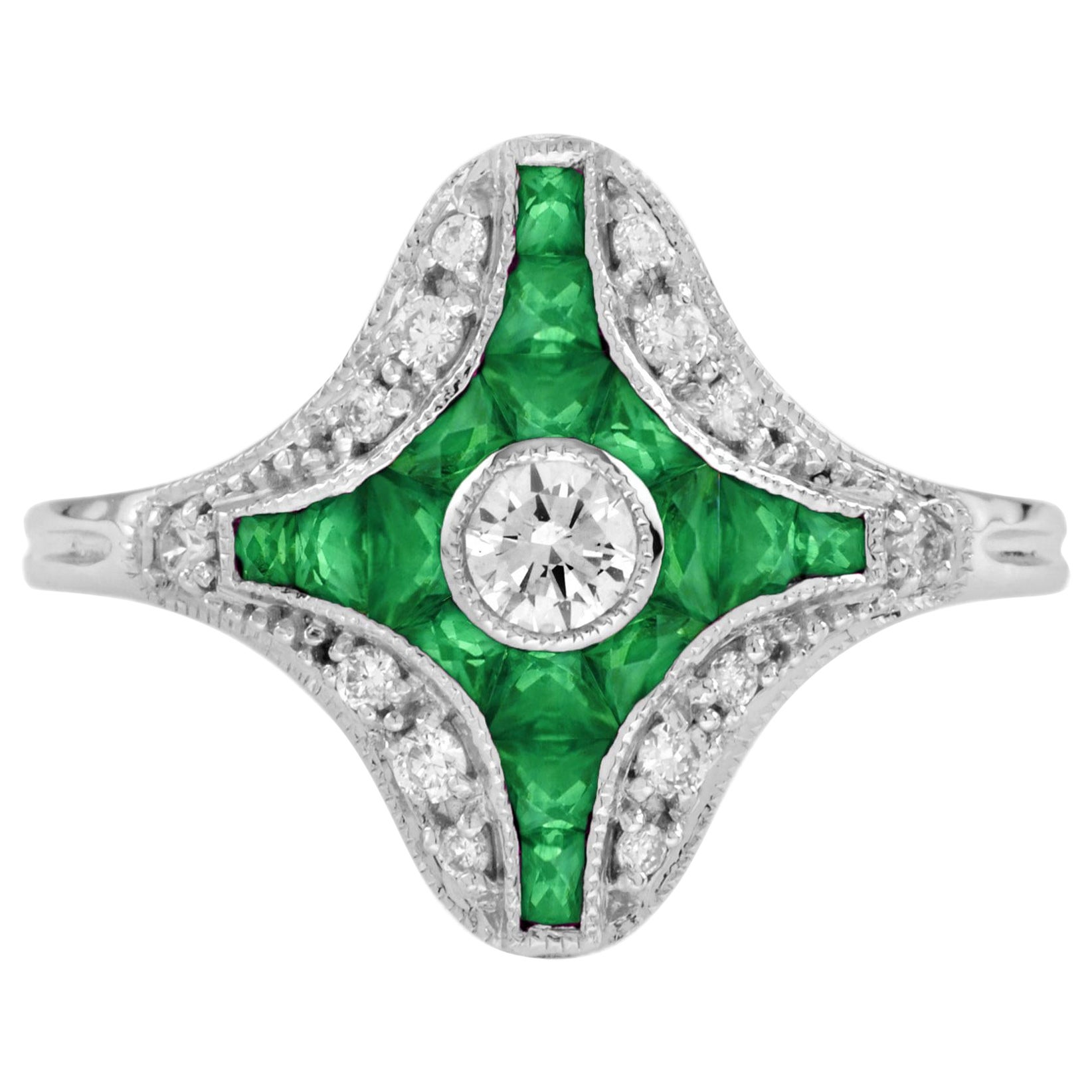 Diamond and Emerald Art Deco Style Ring in 14K white Gold