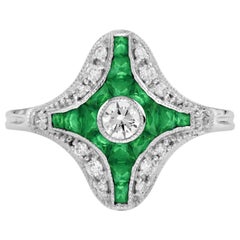 Diamond and Emerald Art Deco Style Ring in 14K white Gold