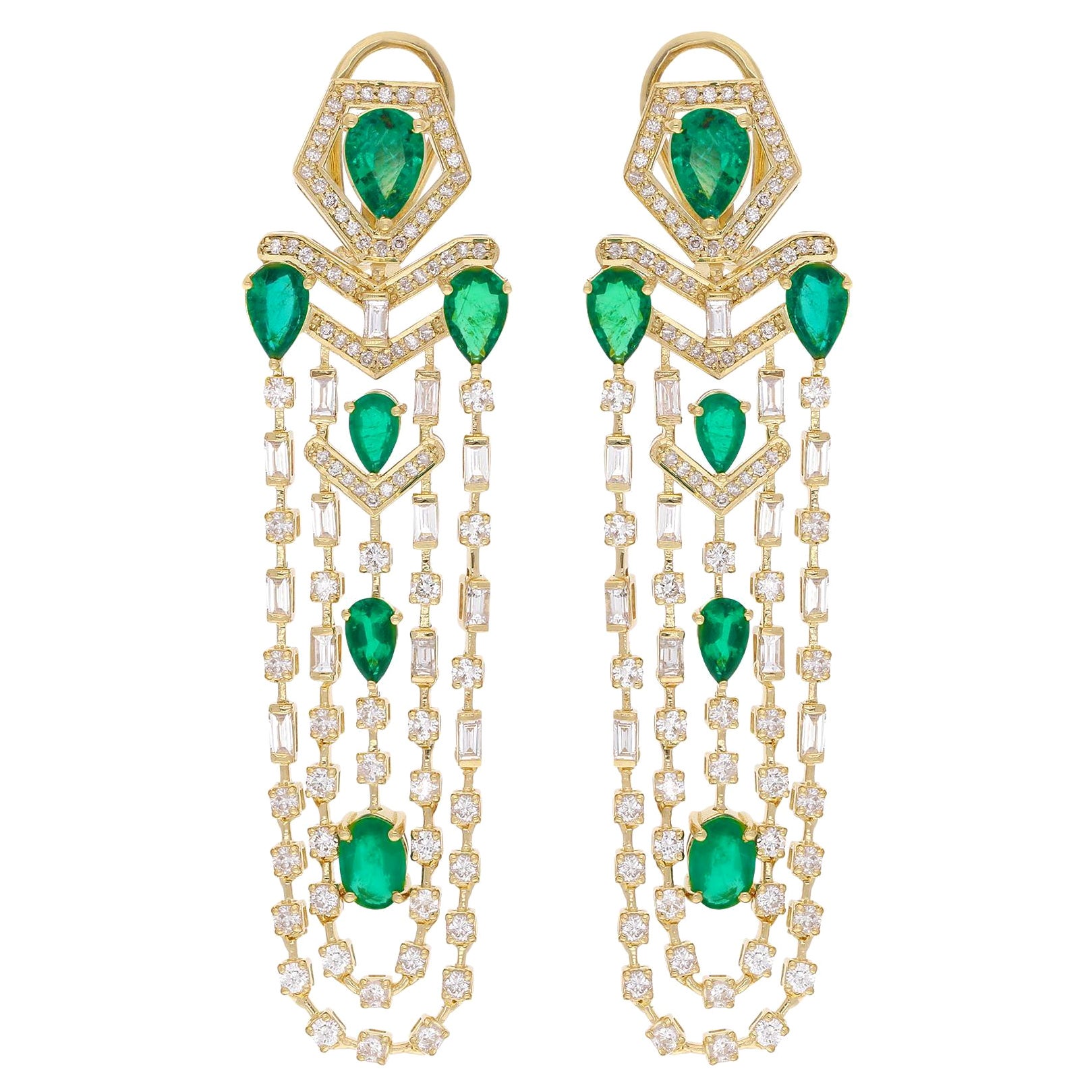Oval & Round Emerald Gemstone Chandelier Earrings Diamond 14 Karat Yellow Gold For Sale