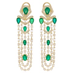 Ovale & runde Smaragd-Edelstein-Kronleuchter-Ohrringe Diamant 14 Karat Gelbgold
