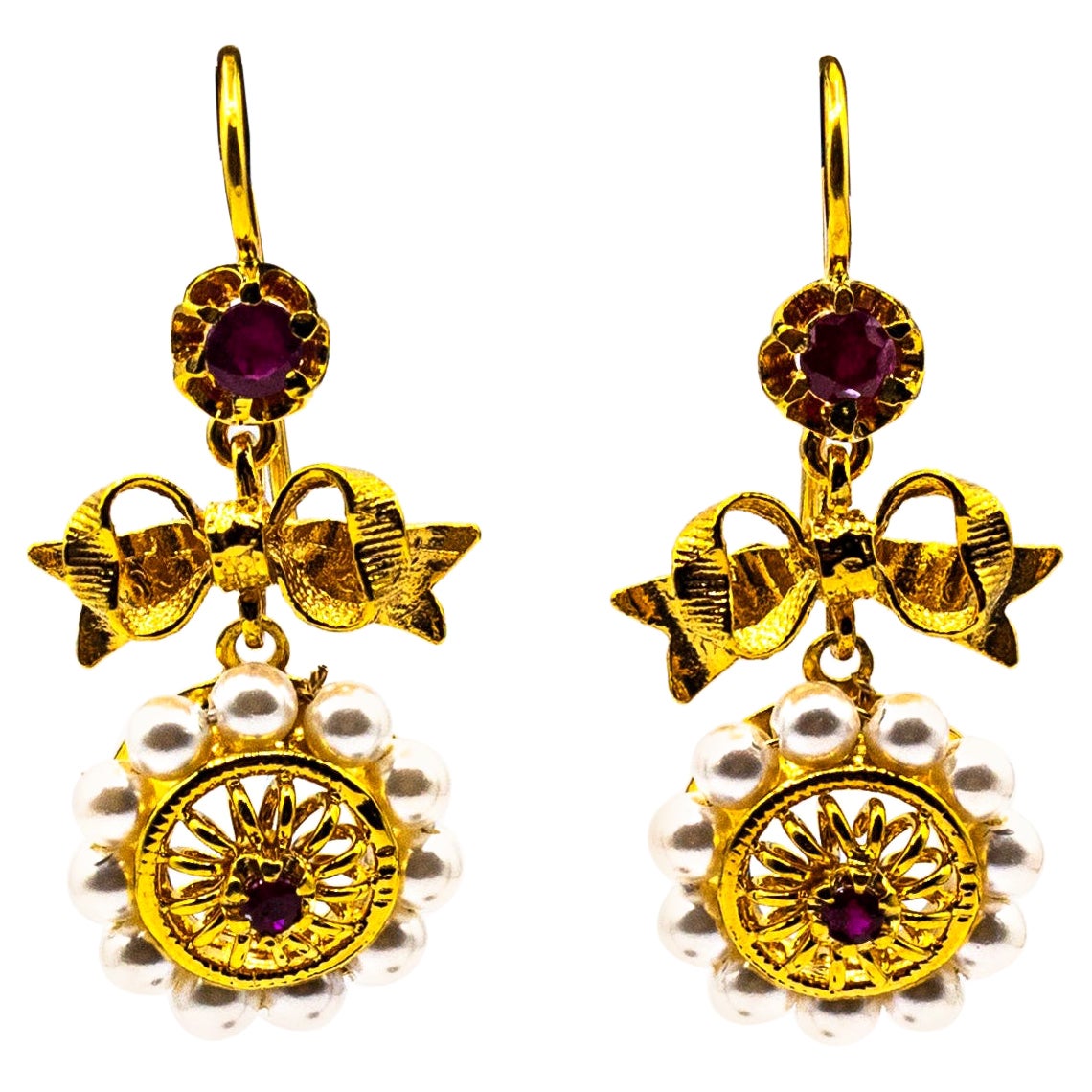 Art Deco Style Micro Pearls 0.30 Carat Rubies Yellow Gold Drop Stud Earrings