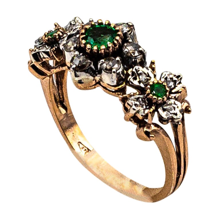 Art Deco Style 0.82 Carat White Rose Cut Diamond Emerald Yellow Gold Band Ring For Sale