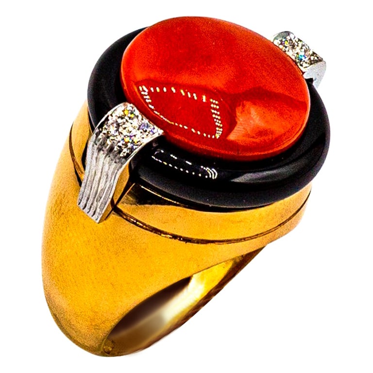 Art Deco Mediterranean Red Coral White Diamond Onyx Yellow Gold Cocktail Ring For Sale