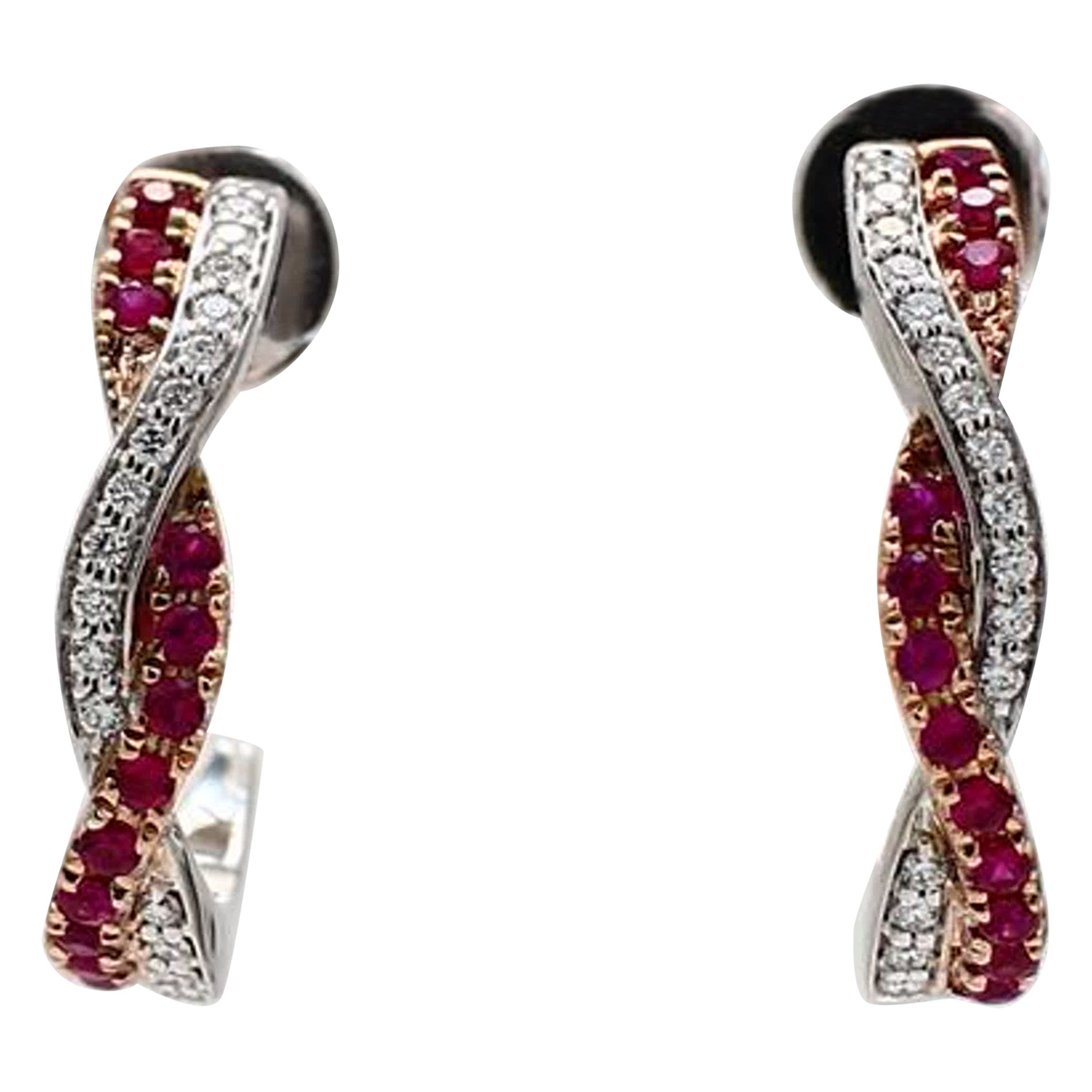 Natural Red Round Ruby and White Diamond .53 Carat TW Rose Gold Drop Earrings For Sale