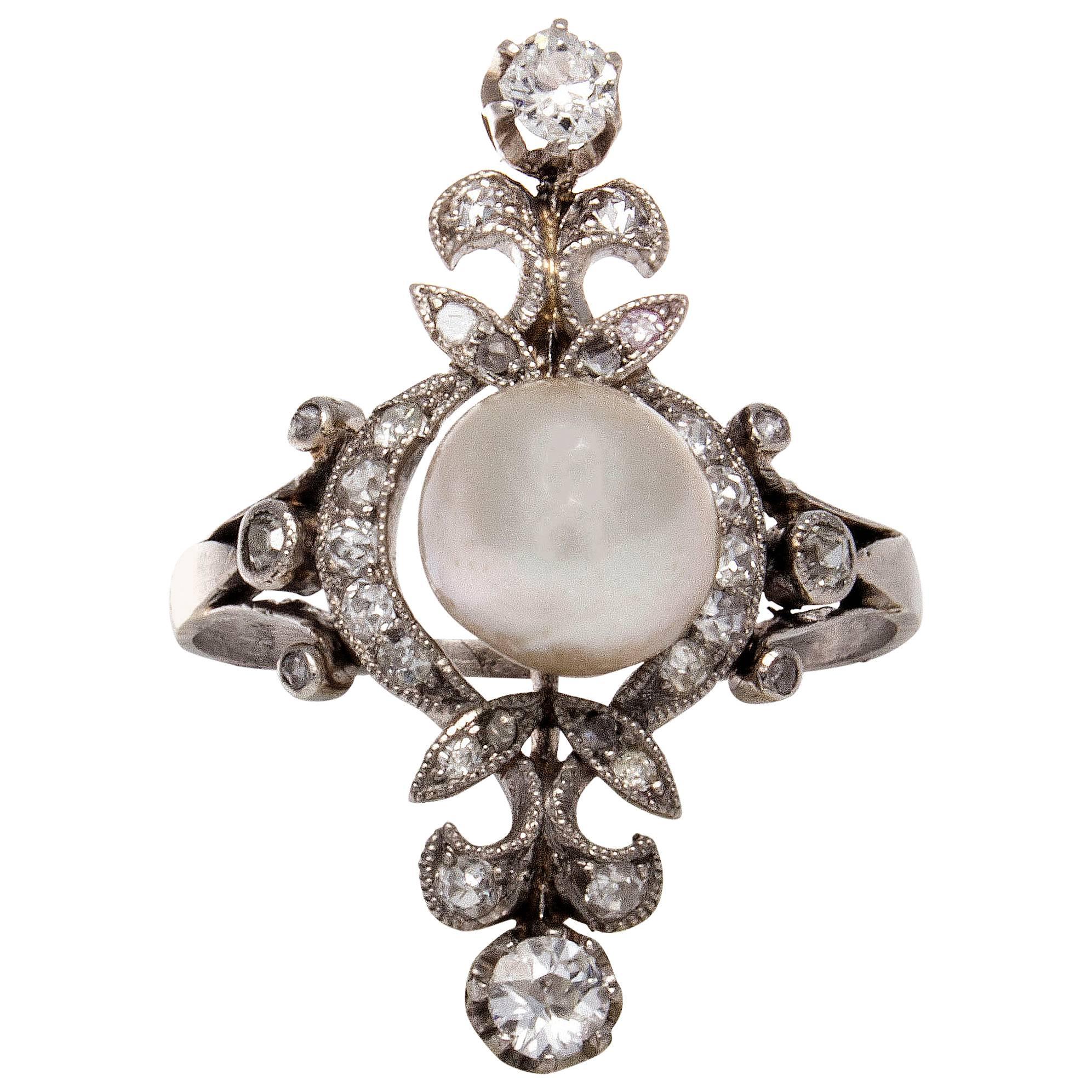 Unique Victorian GIA Cert Natural Pearl Diamond Platinum Ring