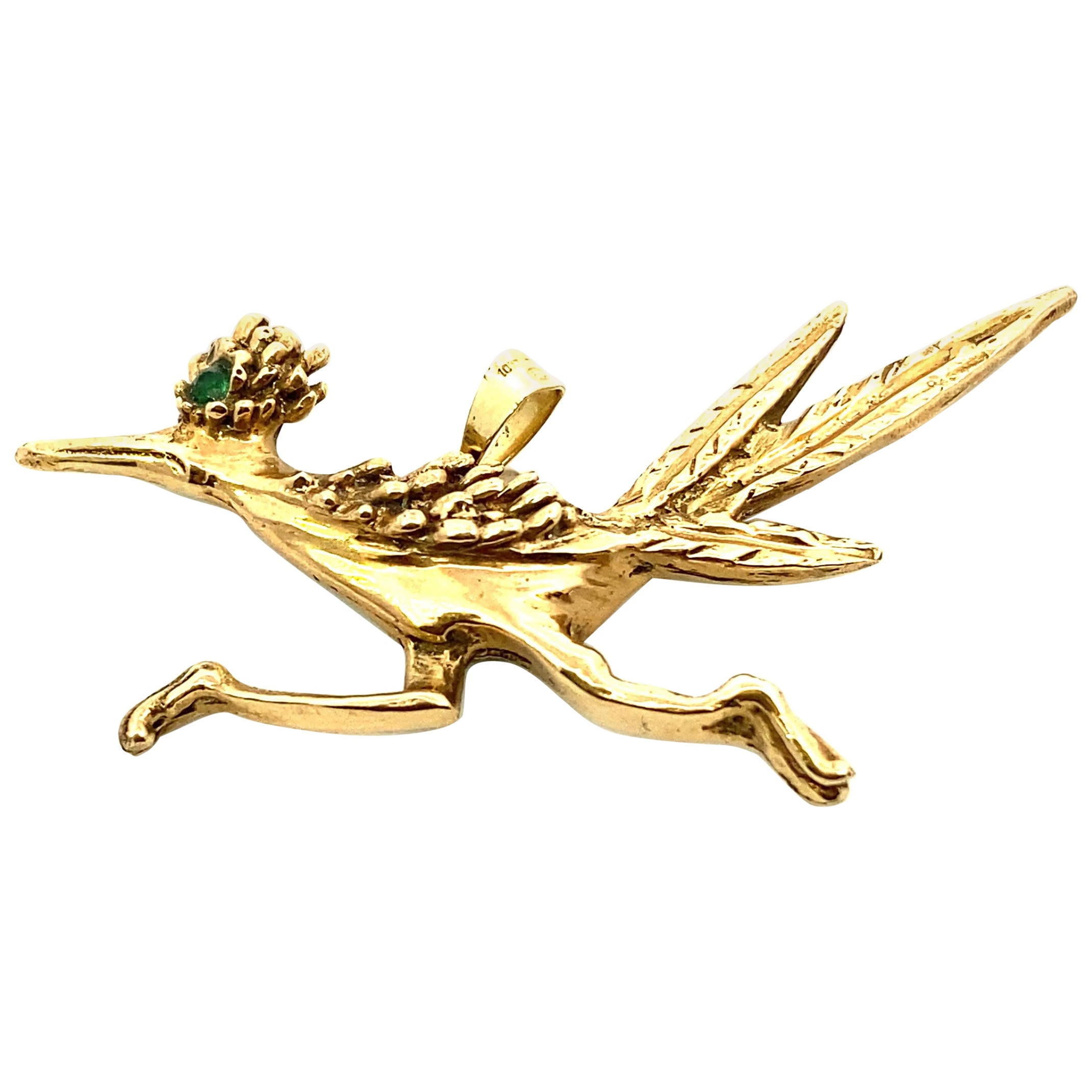 Solid Gold Roadrunner Pendant Charm with Emerald Eye For Sale
