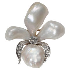Natural Pearl & Diamond Brooch Shaped like an Iris. Incredible Quality.