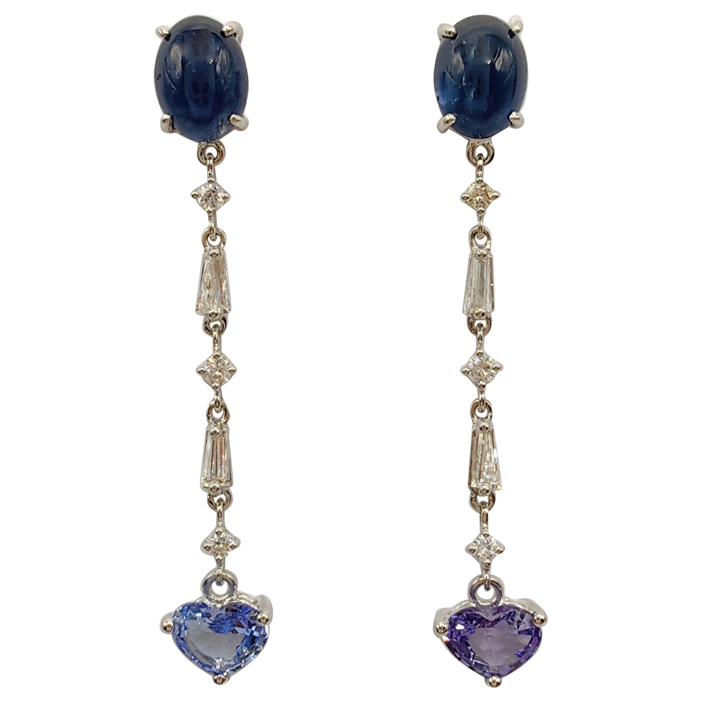 Mixed Color & Cut Sapphire Diamond Dangling Drop Earrings in 18K White Gold For Sale