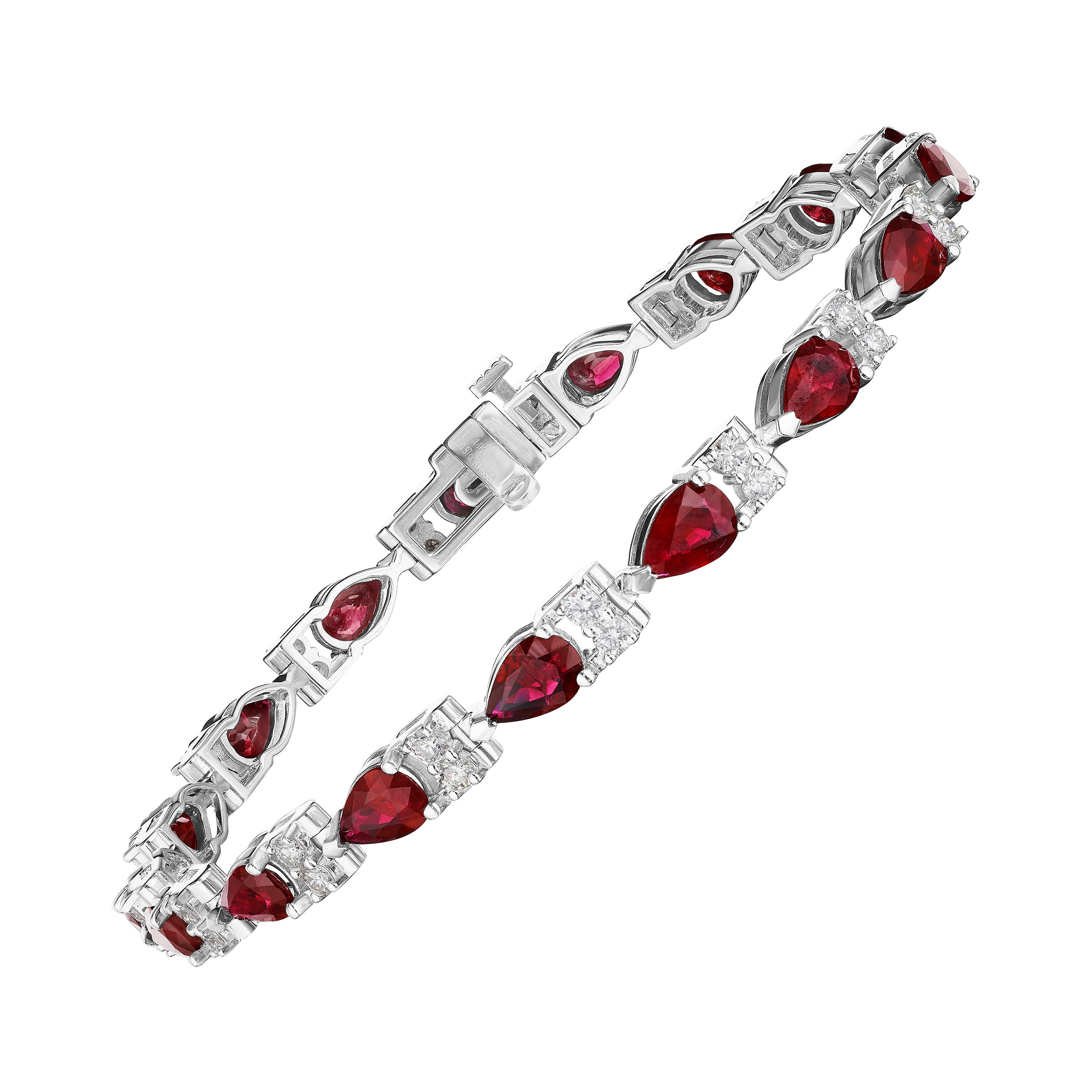 Bracelet en or 14 carats avec rubis et diamants ronds en forme de poire de 8,50 carats