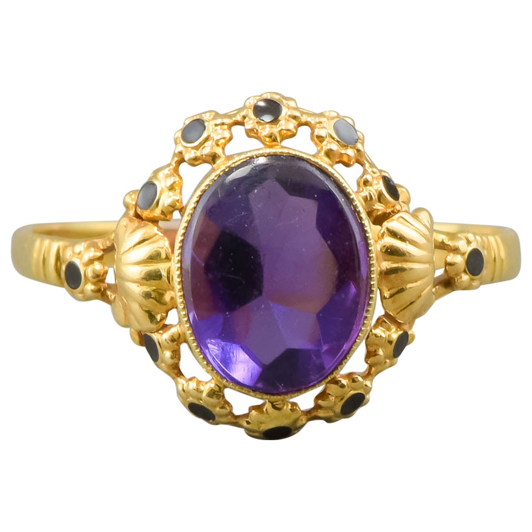 Amethyst Ring with Enamel Flower Blossoms & Shell Design For Sale