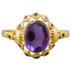 Vintage Amethyst Ring with Enamel Flower Blossoms & Shell Design