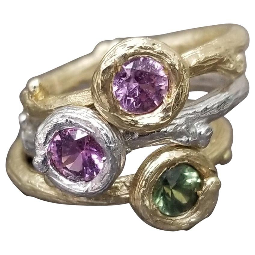 Set of 3 14k gold Multicolored Sapphire Bark Stack-able Rings For Sale