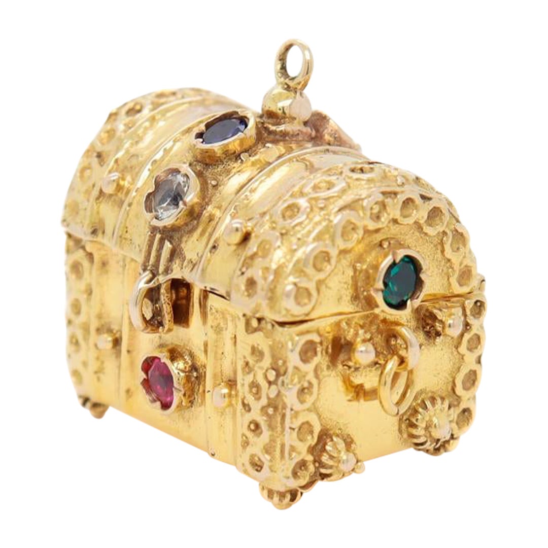 Heavy 14k Gold & Multi-Gemstone Treasure Chest Charm or Pendant For Sale