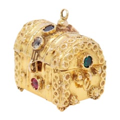 Schwere 14k Gold & Multi-Edelstein Treasure Chest Charme oder Anhänger