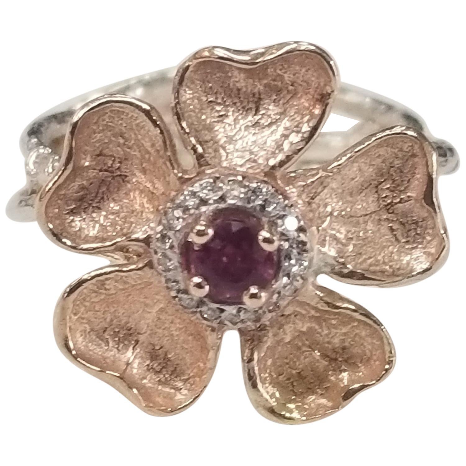 "Gresah" signature 14 Karat Rose Gold Flower with a Ruby and Diamond Halo