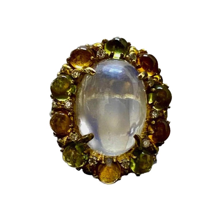 18K Yellow Gold Cabochon Peridot and Citrine Diamond Moonstone Engagement Ring