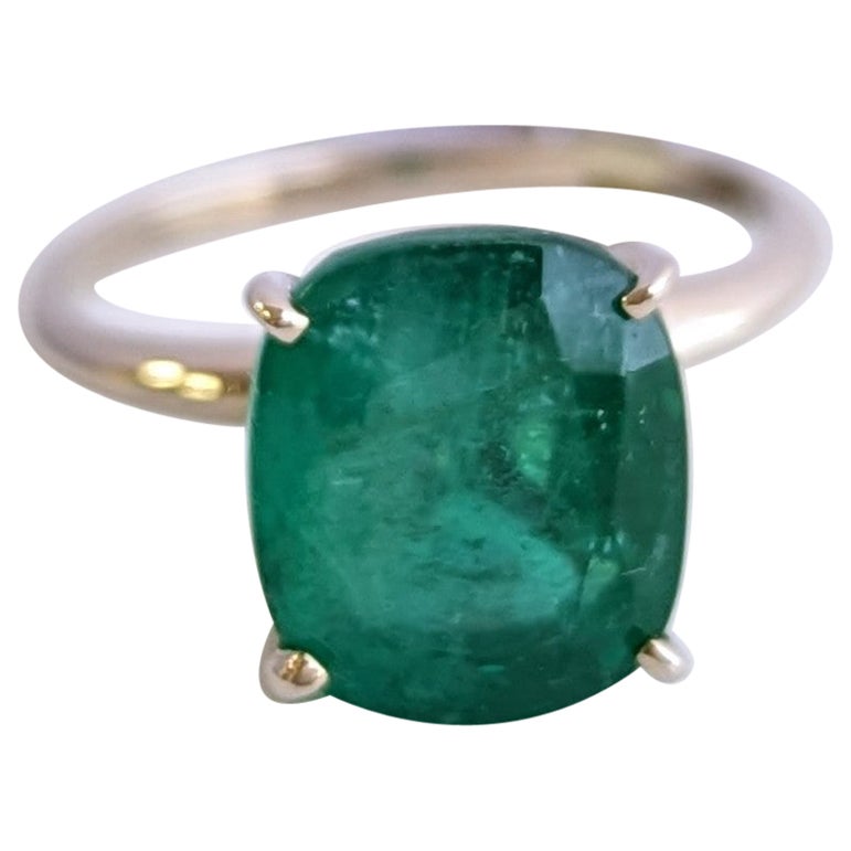 Emerald Cushion Solitaire Ring in 14K White Gold For Sale