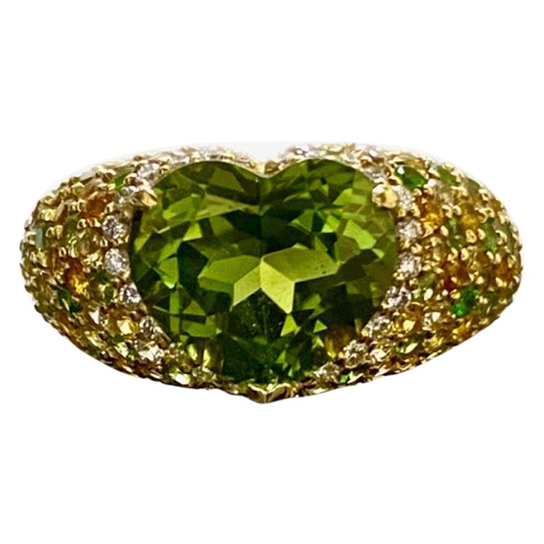 18K Yellow Gold Tsavorite Citrine Emerald Diamond Heart Tourmaline Ring For Sale