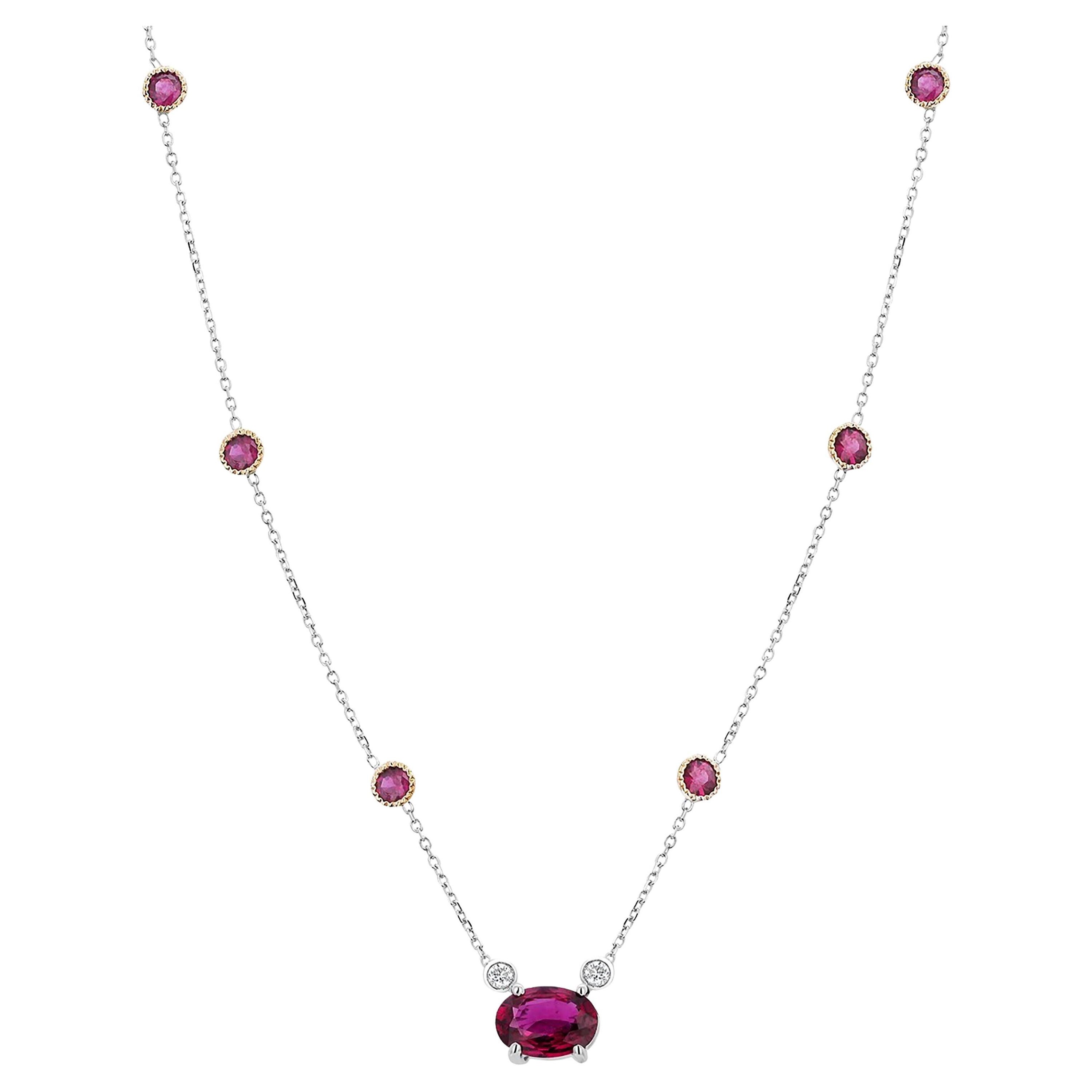 Burma Ruby 1.20 Carat Diamond Bezel Ruby Stations 16 Inch White Gold Necklace 