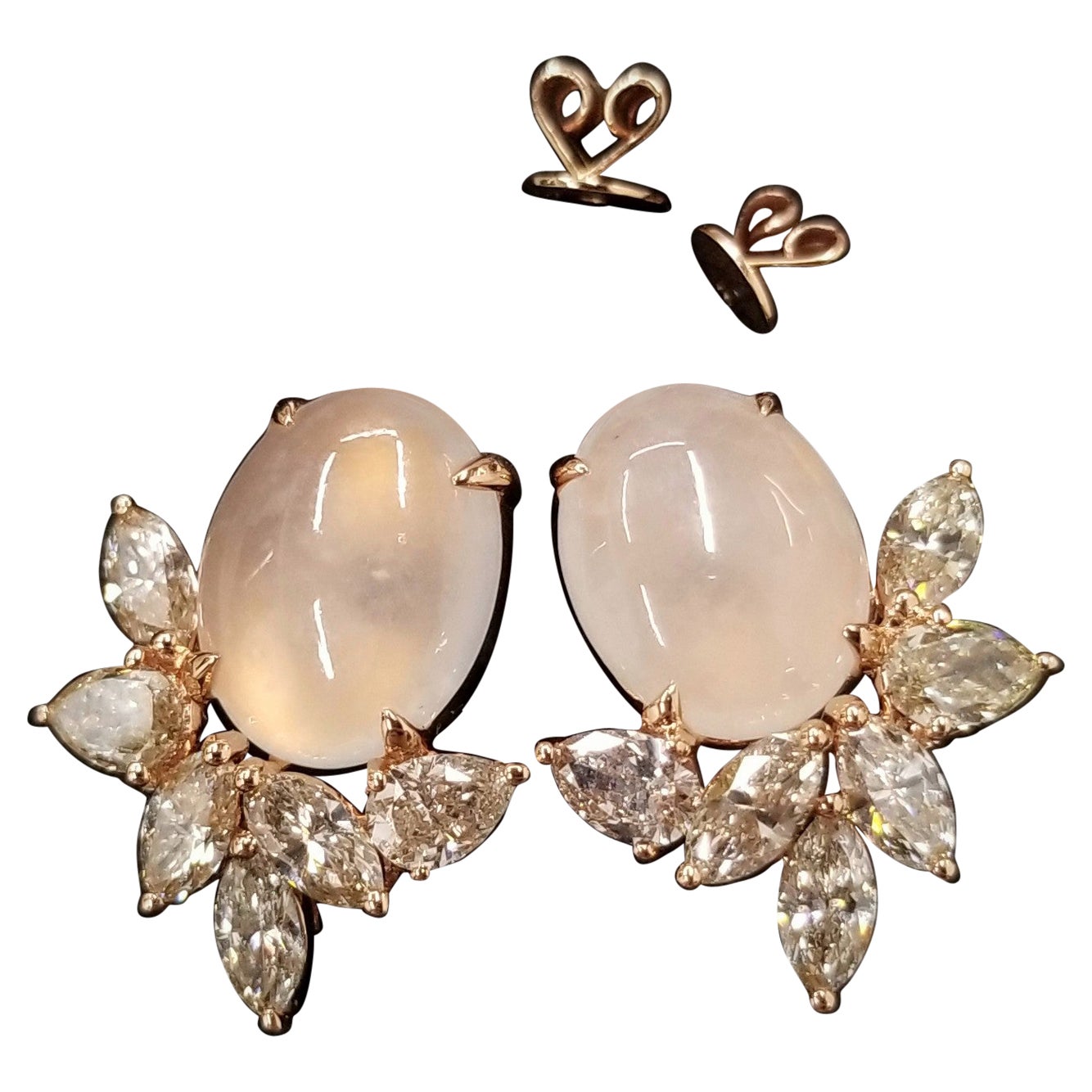 Certified 2.12 Carat Diamond & White Jade (Fei Cui) Earrings in 18K Rose Gold For Sale