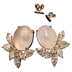 Certified 2.12 Carat Diamond & White Jade (Fei Cui) Earrings in 18K Rose Gold