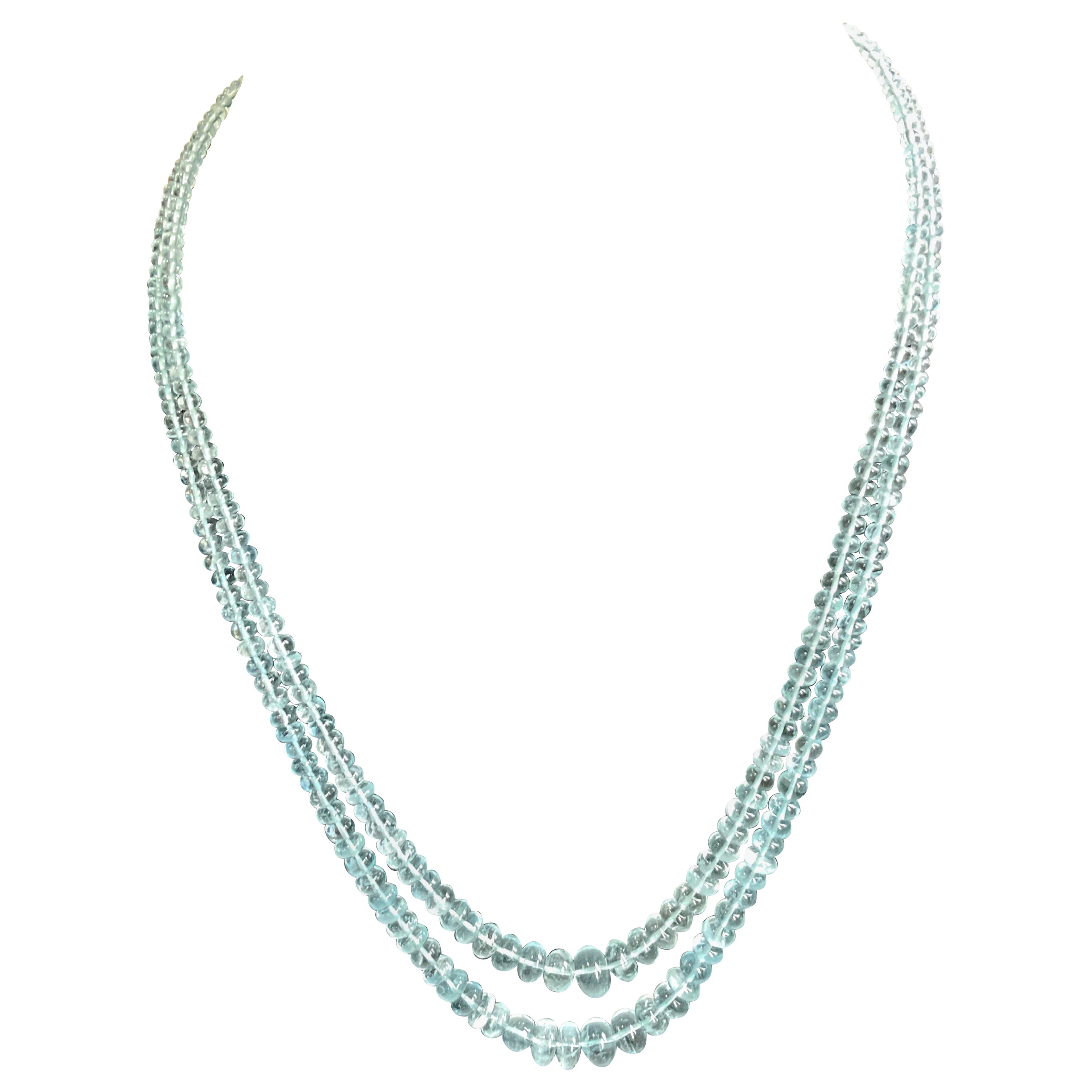 198.75 Carats Aquamarine Beads Plain 2 Strand Necklace Top Quality Natural Gem  en vente