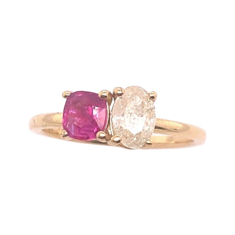 Natural Yellow Oval Diamond 0.62ct & Cushion Shape Ruby Ring in 18ct Gold
