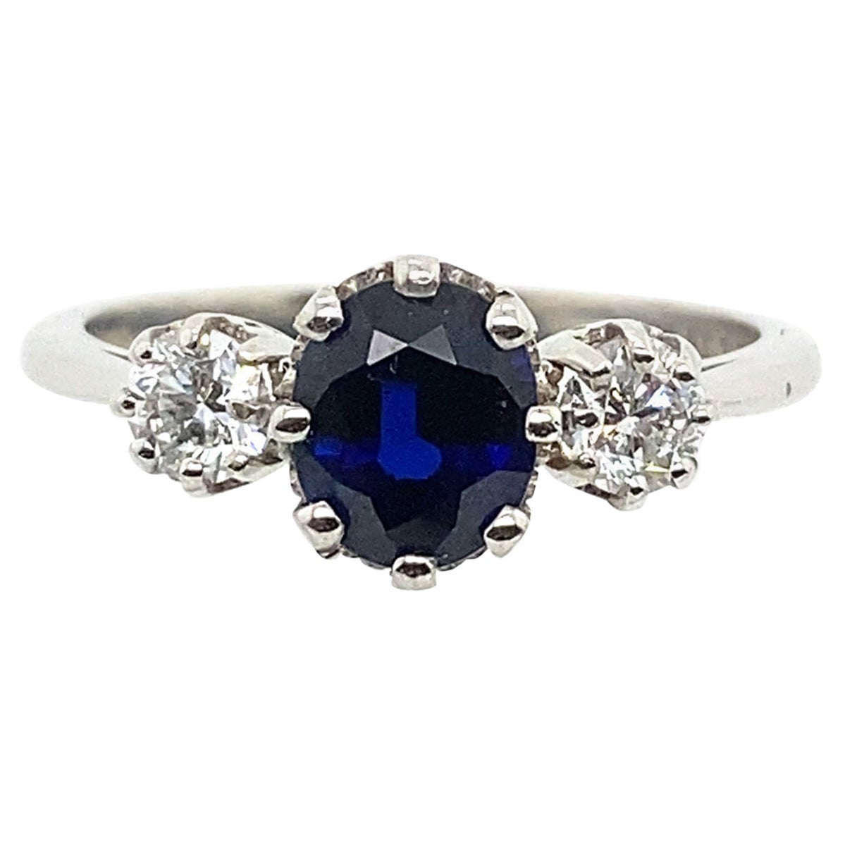 Platinum Very Finest Blue 1.19ct Sapphire 3 Stone Ring with 0.39ct of Diamonds For Sale