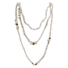 58" Long Freshwater Pearl Necklace with 14-9ct Gold Nuggets Spaces Around