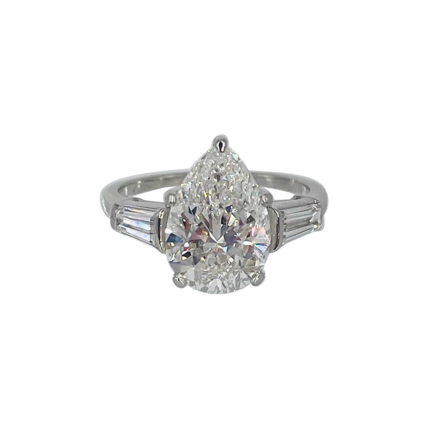 J. Birnbach 3.02 carat Pear Diamond Engagement Ring with Tapered Baguettes For Sale