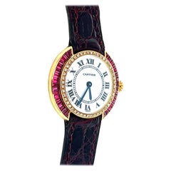 Vintage Cartier Paris 18K Gold & Leather 28mm Manual Wind Ruby and Diamond Watch