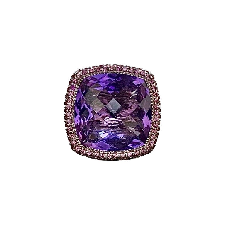 18K White Gold Tourmaline Checkerboard Cushion Cut Amethyst Engagement Ring  For Sale