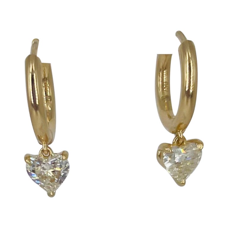 J. Birnbach 18K Yellow Gold Huggie Hoop Earrings with Heart Shape Diamond Drop For Sale