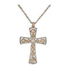 Retro 14 K Rose Gold "Antiqued" Cross with 12 Round Natural Light "Pink" Diamonds
