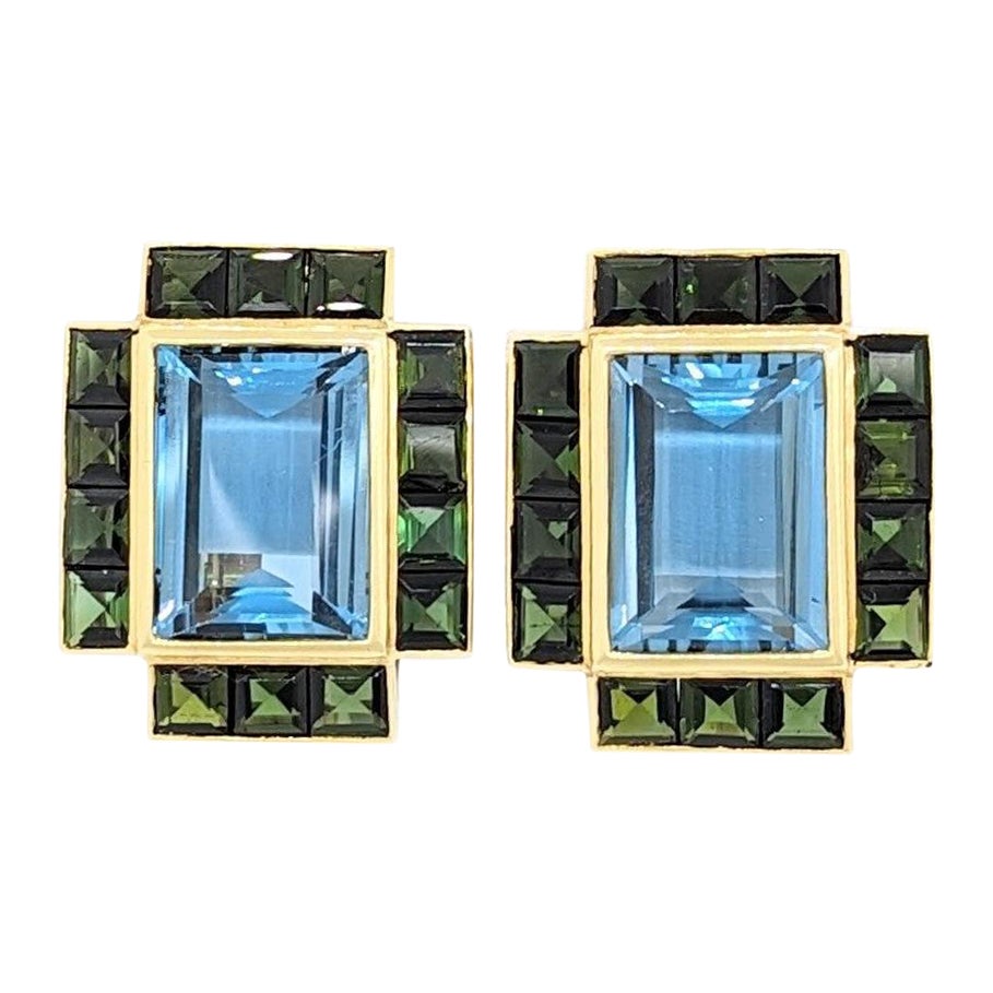 Aquamarine and Green Tourmaline Earrings in 18K Yellow Gold