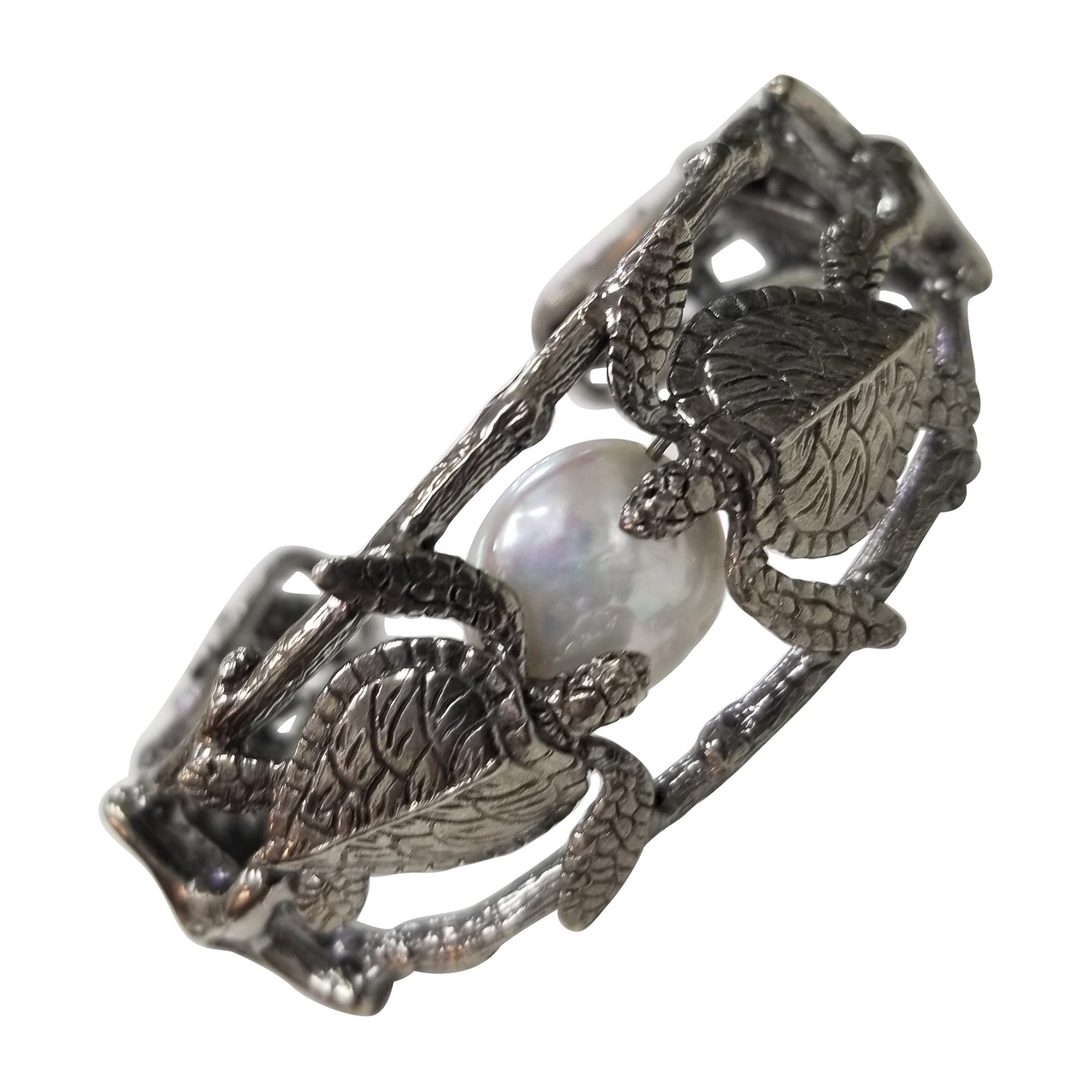 Sterling Silver Gresha Signature Bark, Turtle and Shell with a Pearl For Sale