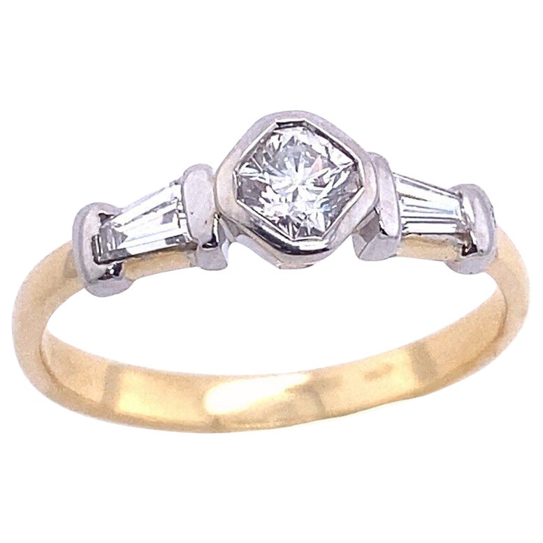 Vintage G/VS Octagonal Diamond + Baguettes Ring in 18ct Yellow & White Gold For Sale