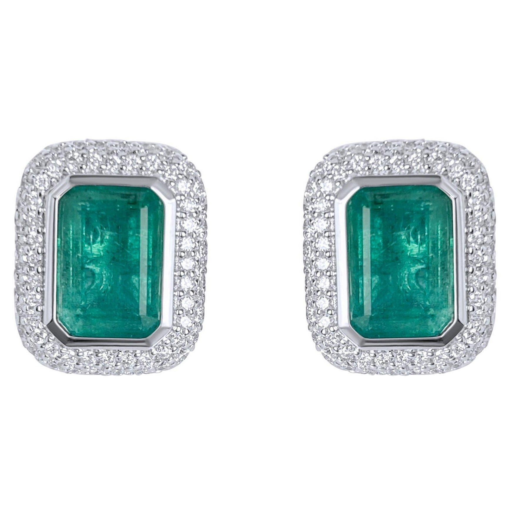Lotus 5.5ct Emerald Cut Emerald Earrings with Blue Sapphire and Diamonds