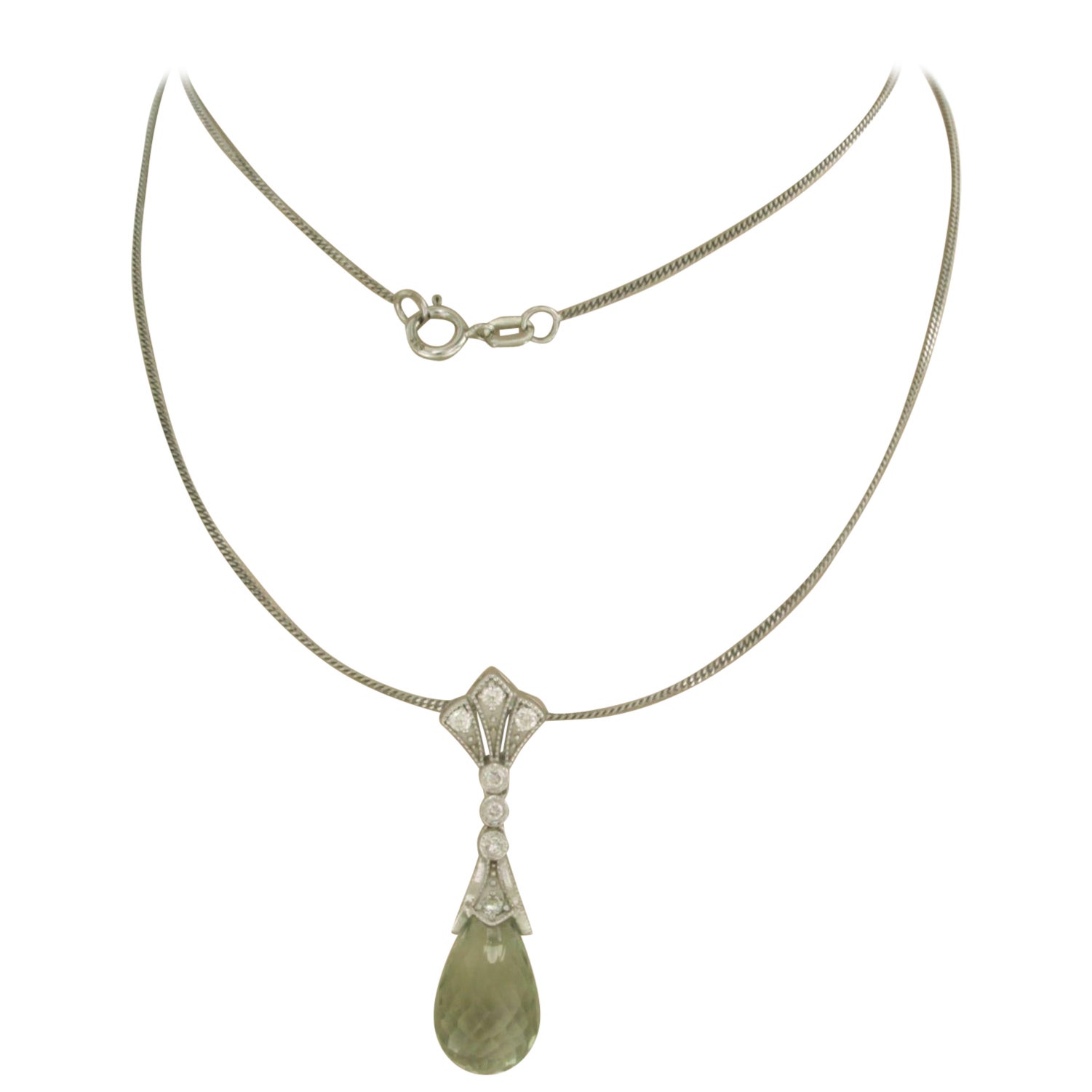 Chain with pendant set with green amethyst and diamonds 14k white gold