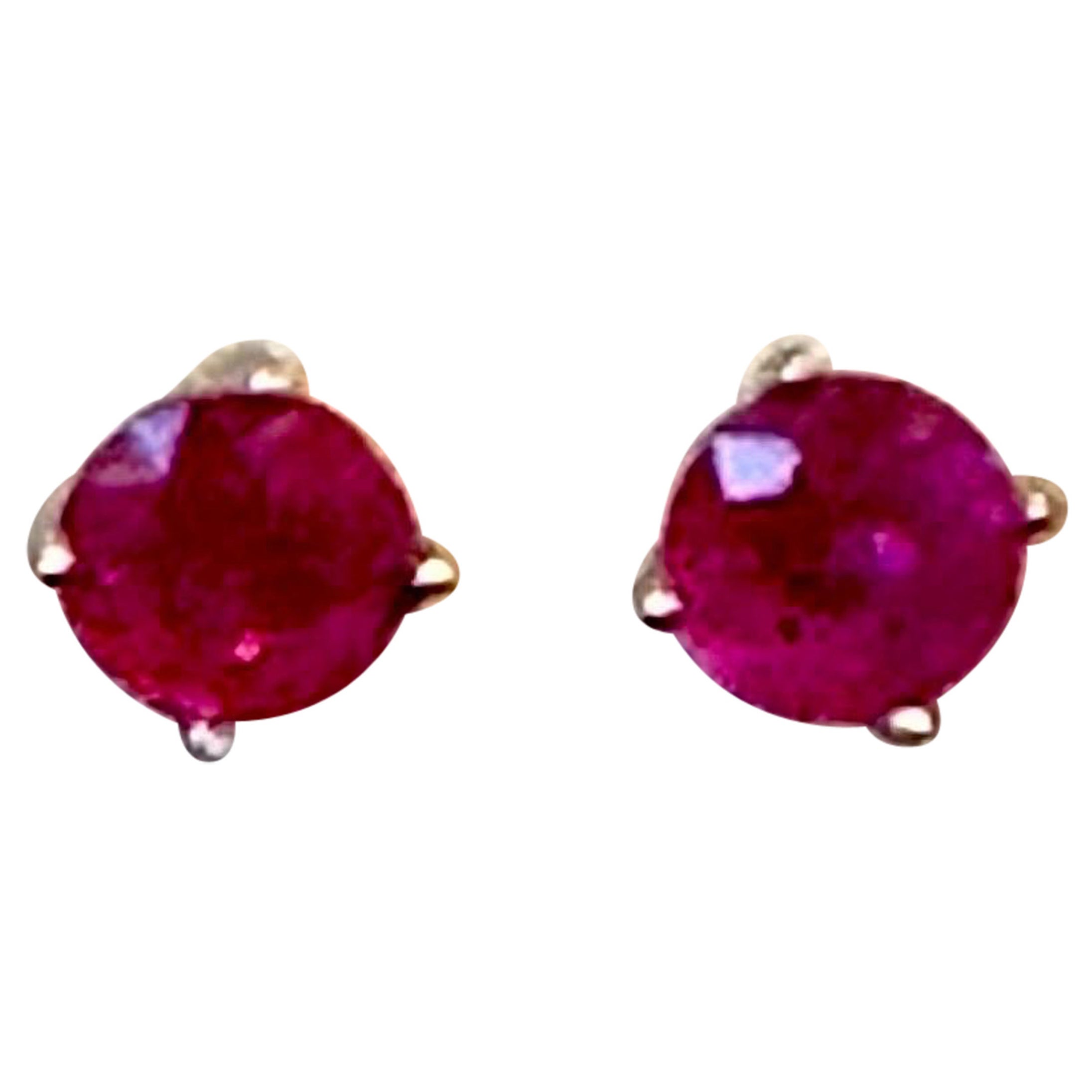 1 Carat  Solitaire Natural Ruby Earrings 4 Prongs Screw Back 14 Karat White Gold For Sale