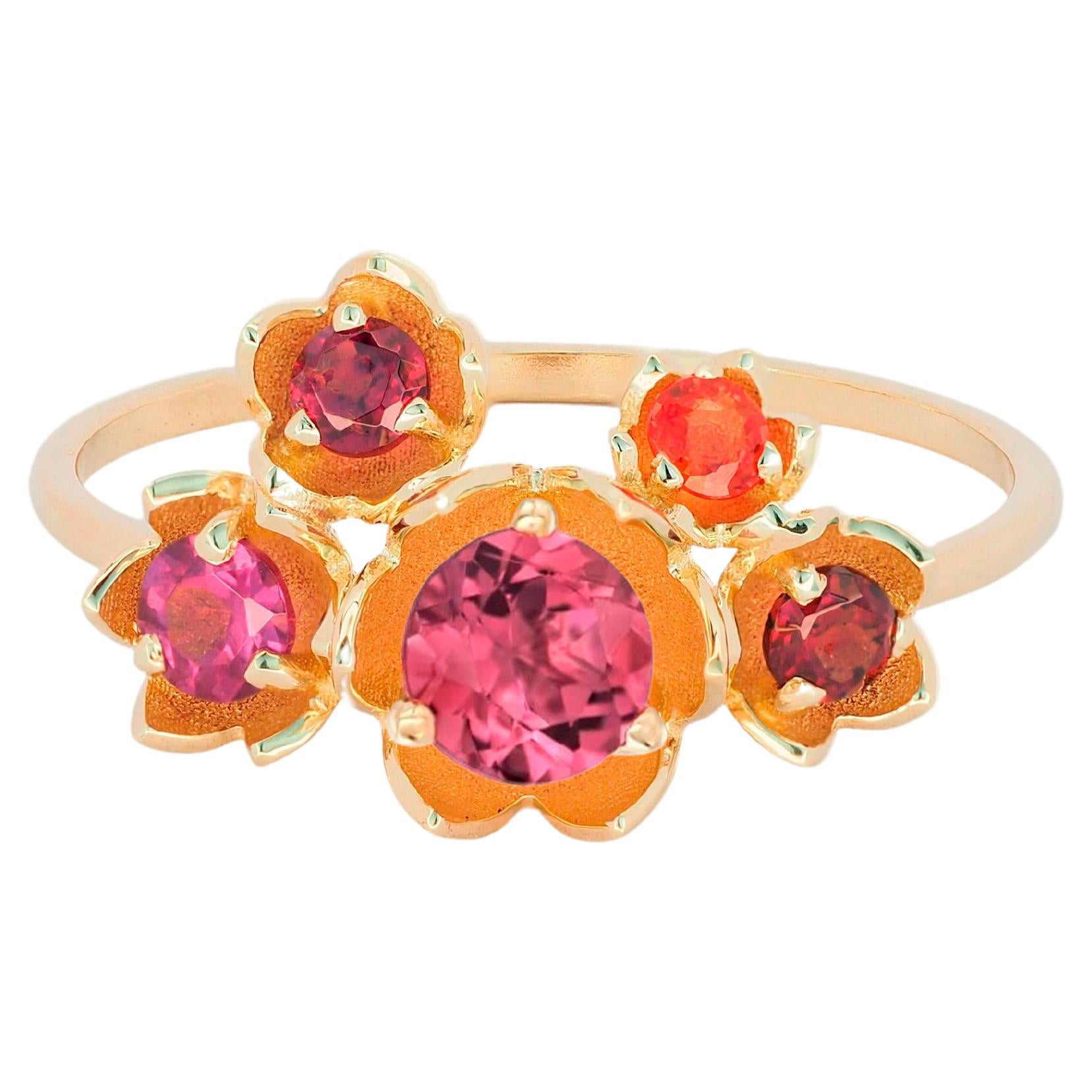 14 Karat Gold Blossom Ring with Multicolored Gemstones, Pink Tourmaline Ring