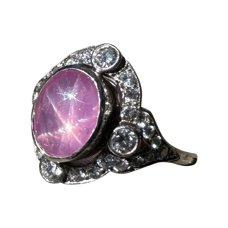 Art Deco Pink Star Sapphire and Diamond Ring 4.88 Carat 18K For Sale