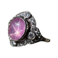 Vintage Art Deco Pink Star Sapphire and Diamond Ring 4.88 Carat 18K