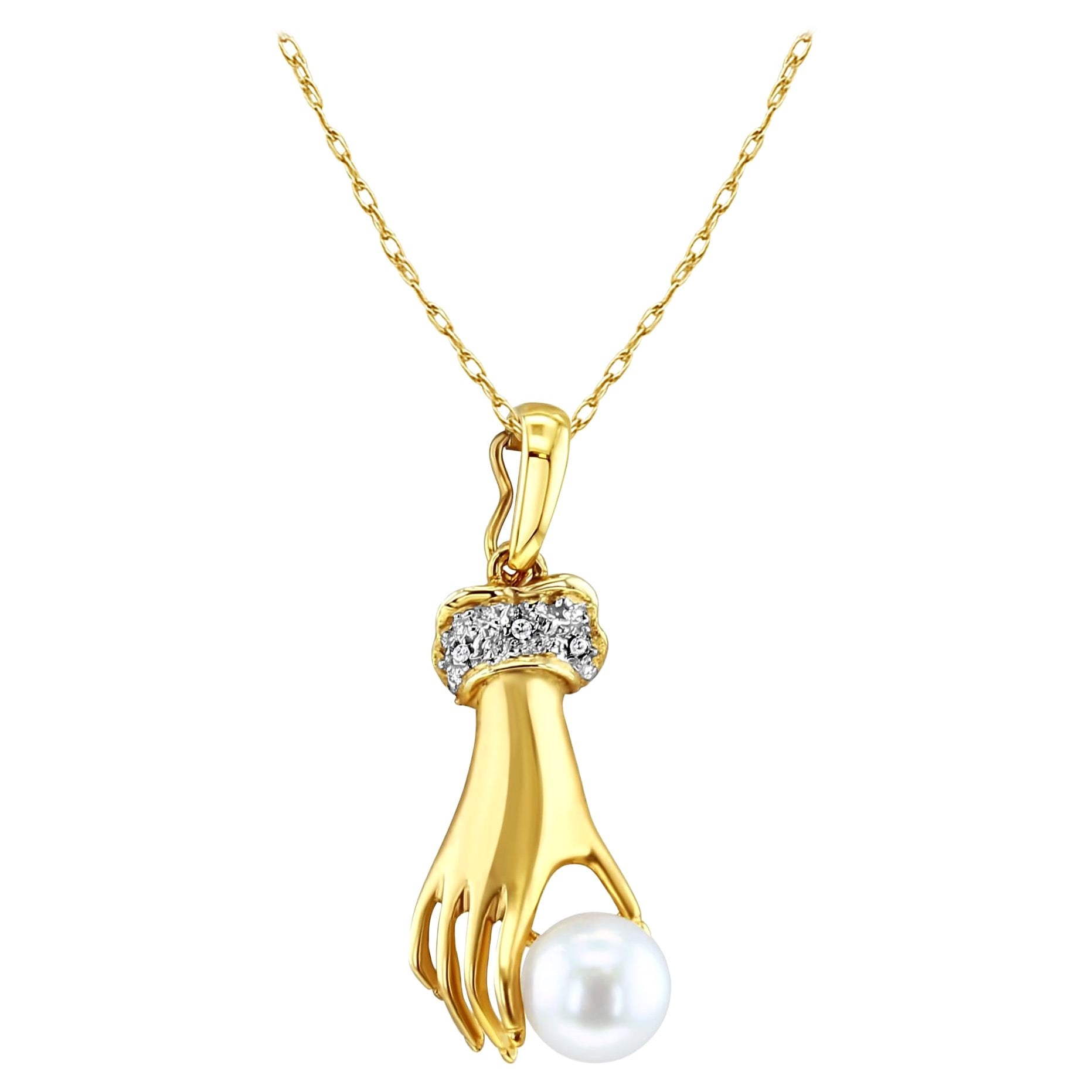 Pearl & Pave Diamond Accented Mudra Hand Necklace For Sale