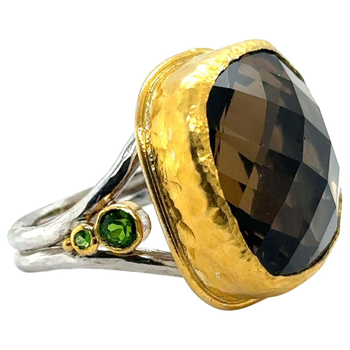 JAS-19-1993-24KT GOLD/SS with CUSHION CUT SMOKY QUARTZ & CHROME DIOPSIDES For Sale