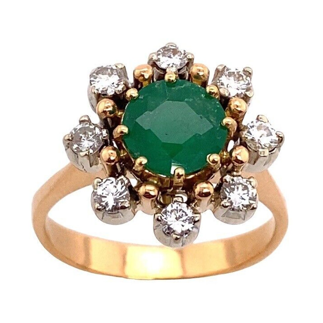 Beautiful Vintage 18ct Rose & White Gold Emerald + Diamond Cluster Ring