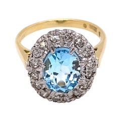 Used Oval 2.0ct Blue Topaz Coronet Cluster Ring in 18ct Yellow and White Gold