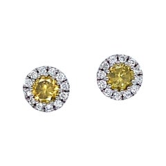 Intense Yellow Diamond Earrings Surrounded by 0.16ct G/VS White Diamonds